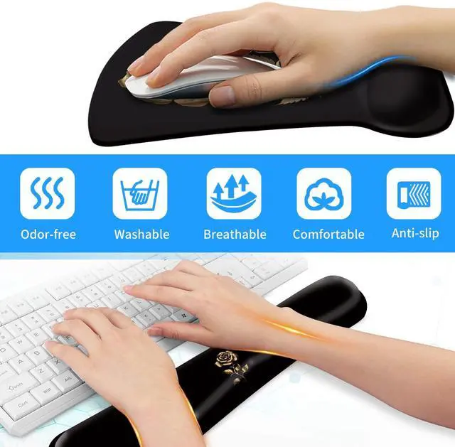 Alt view image 2 of 7 - Keyboard Wrist Rest and Mouse Wrist Rest Pad Plus a Matching Coasters, Ergonomic Mousepad, Easy Typing and Relieve Wrist Pain for Computer, Laptop, Office, Gaming, Gold Rose