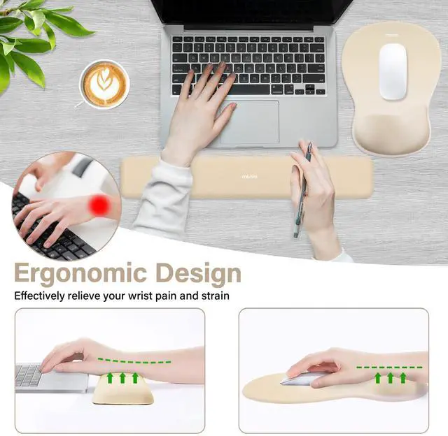 Alt view image 2 of 7 - Wrist Rest Support for Mouse Pad&Keyboard Set, Ergonomic Mousepad with Concave Curved Memory Foam, Non-Slip Base Pain Relief Comfortable Rectangular Easy Typing Pad for Home/Office, Khaki