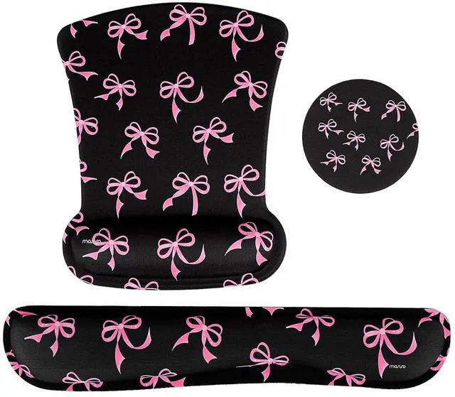 Main image of Wrist Rest Support for Mouse Pad&Keyboard Set, Pink Bows Ergonomic Mousepad&Coaster Non-Slip Base Home/Office Pain Relief&Easy Typing Cushion with Neoprene Cloth&Raised Memory Foam, Black