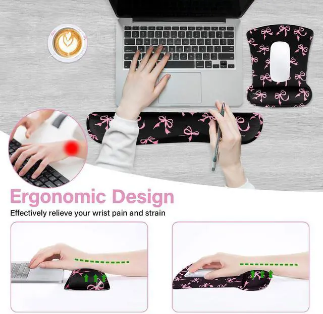 Alt view image 2 of 7 - Wrist Rest Support for Mouse Pad&Keyboard Set, Pink Bows Ergonomic Mousepad&Coaster Non-Slip Base Home/Office Pain Relief&Easy Typing Cushion with Neoprene Cloth&Raised Memory Foam, Black
