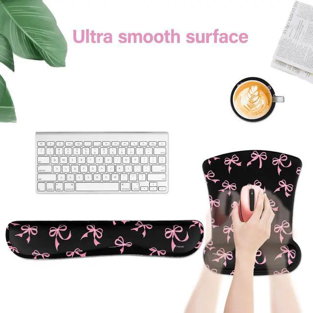 Alt view image 3 of 7 - Wrist Rest Support for Mouse Pad&Keyboard Set, Pink Bows Ergonomic Mousepad&Coaster Non-Slip Base Home/Office Pain Relief&Easy Typing Cushion with Neoprene Cloth&Raised Memory Foam, Black