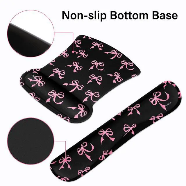 Alt view image 5 of 7 - Wrist Rest Support for Mouse Pad&Keyboard Set, Pink Bows Ergonomic Mousepad&Coaster Non-Slip Base Home/Office Pain Relief&Easy Typing Cushion with Neoprene Cloth&Raised Memory Foam, Black