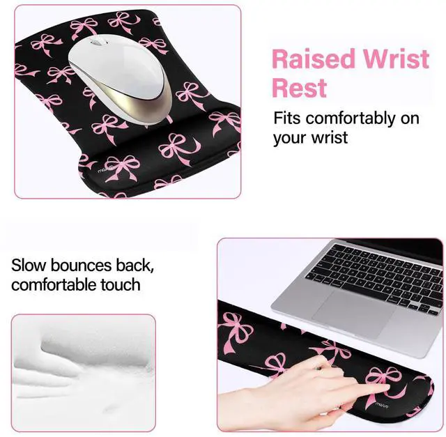 Alt view image 4 of 7 - Wrist Rest Support for Mouse Pad&Keyboard Set, Pink Bows Ergonomic Mousepad&Coaster Non-Slip Base Home/Office Pain Relief&Easy Typing Cushion with Neoprene Cloth&Raised Memory Foam, Black