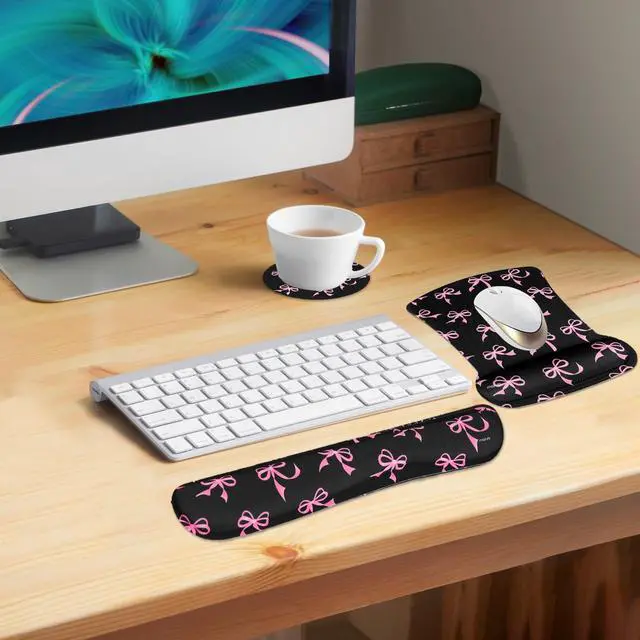 Alt view image 6 of 7 - Wrist Rest Support for Mouse Pad&Keyboard Set, Pink Bows Ergonomic Mousepad&Coaster Non-Slip Base Home/Office Pain Relief&Easy Typing Cushion with Neoprene Cloth&Raised Memory Foam, Black