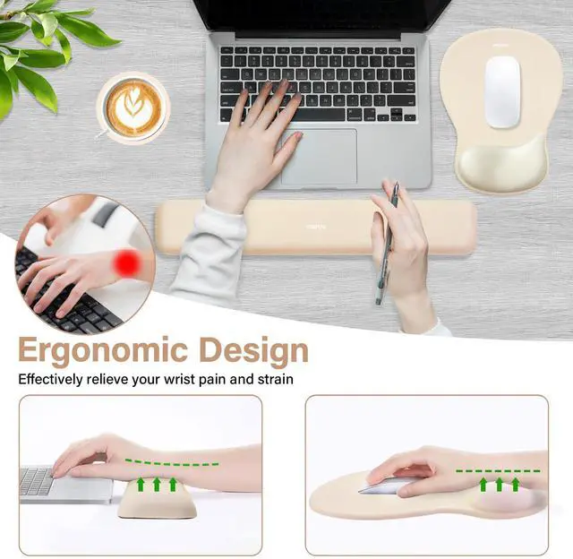 Alt view image 2 of 7 - Wrist Rest Support for Mouse Pad&Keyboard Set, Ergonomic Mousepad&Coaster, Non-Slip Base Home/Office Rectangular Easy Typing Cushion Pad with Soft Cloth&Curved Concave Memory Foam, Khaki