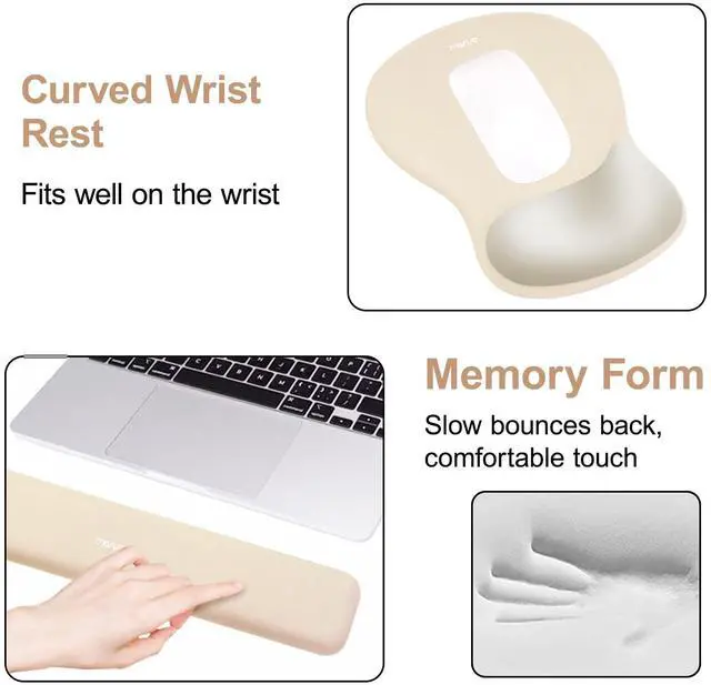 Alt view image 4 of 7 - Wrist Rest Support for Mouse Pad&Keyboard Set, Ergonomic Mousepad&Coaster, Non-Slip Base Home/Office Rectangular Easy Typing Cushion Pad with Soft Cloth&Curved Concave Memory Foam, Khaki