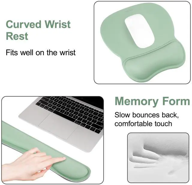Alt view image 5 of 7 - Wrist Rest Support for Mouse Pad & Keyboard Set, Pear Shape Ergonomic Mousepad Non-Slip Base Home/Office Pain Relief & Easy Typing Cushion with Neoprene Cloth & Raised Memory Foam, Mint Green