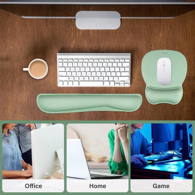 Alt view image 6 of 7 - Wrist Rest Support for Mouse Pad & Keyboard Set, Pear Shape Ergonomic Mousepad Non-Slip Base Home/Office Pain Relief & Easy Typing Cushion with Neoprene Cloth & Raised Memory Foam, Mint Green