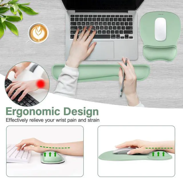 Alt view image 3 of 7 - Wrist Rest Support for Mouse Pad & Keyboard Set, Pear Shape Ergonomic Mousepad Non-Slip Base Home/Office Pain Relief & Easy Typing Cushion with Neoprene Cloth & Raised Memory Foam, Mint Green