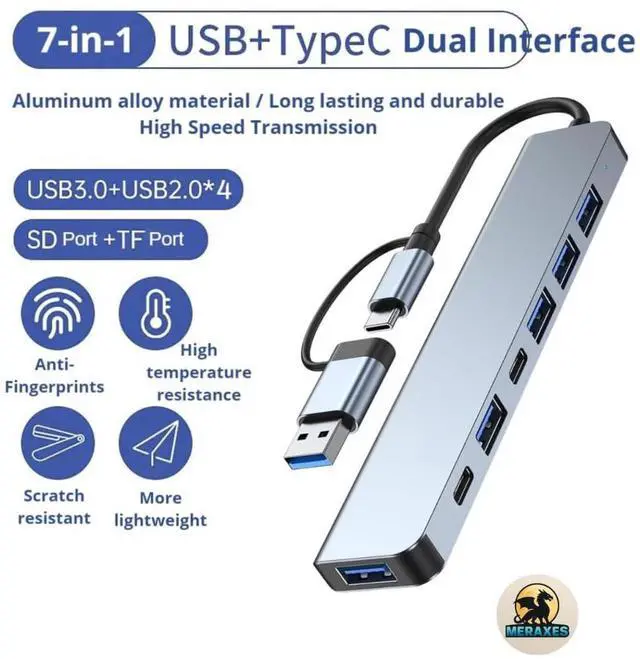 Alt view image 2 of 6 - 7-in-1 USB-C & USB Hub, Aluminum Multiport Adapter with USB-C, USB 3.0 & USB 2.0 Ports, Multi USB Docking Station for MacBook Pro/Air, iPad, Laptops & PCs