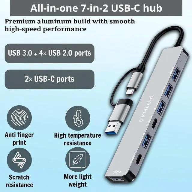 Alt view image 3 of 7 - USB C Hub 7 in 2, Aluminum Multiport Adapter with USB 3.0 & USB 2.0 Ports, Slim USB Splitter for Laptop, MacBook Pro/Air, iPad, PC, Type-C Devices