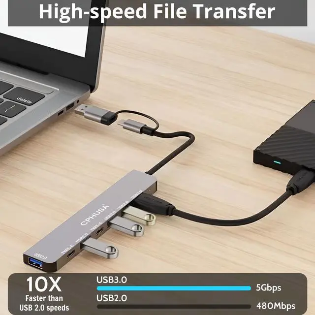Alt view image 4 of 7 - USB C Hub 7 in 2, Aluminum Multiport Adapter with USB 3.0 & USB 2.0 Ports, Slim USB Splitter for Laptop, MacBook Pro/Air, iPad, PC, Type-C Devices