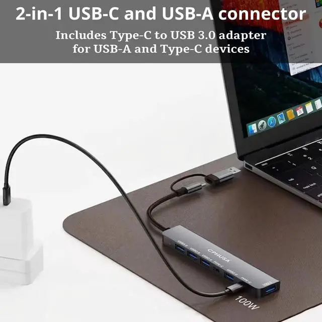 Alt view image 5 of 7 - USB C Hub 7 in 2, Aluminum Multiport Adapter with USB 3.0 & USB 2.0 Ports, Slim USB Splitter for Laptop, MacBook Pro/Air, iPad, PC, Type-C Devices