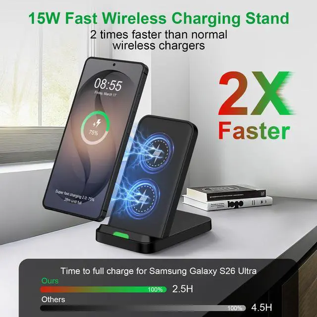Alt view image 2 of 7 - for Samsung S26 Wireless Charger Fast Charging Stand for Galaxy S26 Ultra S26+ S25 S24 S23 S22 S21,15W Wireless Desk Phone Charging Station for iPhone 17e 17 16 15,Google Pixel 10a 10 Pro with Adapter