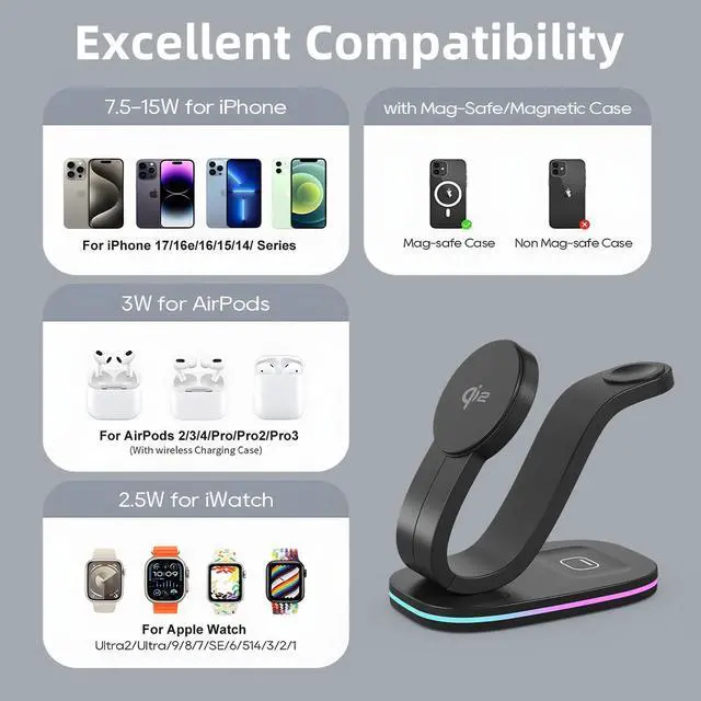 Alt view image 3 of 7 - Wireless Charging Station, Qi2 15W 3-in-1 Charger Station for iPhone 17/16/15/14/13/12 Series, Watch Airpods 1-8/Ultra, iPad, AirPods
