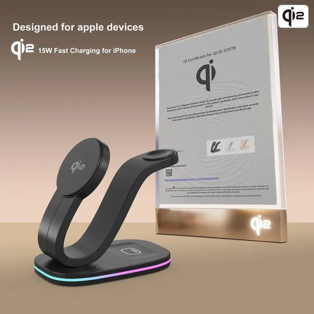 Alt view image 2 of 7 - Wireless Charging Station, Qi2 15W 3-in-1 Charger Station for iPhone 17/16/15/14/13/12 Series, Watch Airpods 1-8/Ultra, iPad, AirPods