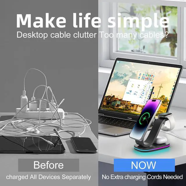 Alt view image 5 of 7 - Wireless Charging Station, Qi2 15W 3-in-1 Charger Station for iPhone 17/16/15/14/13/12 Series, Watch Airpods 1-8/Ultra, iPad, AirPods