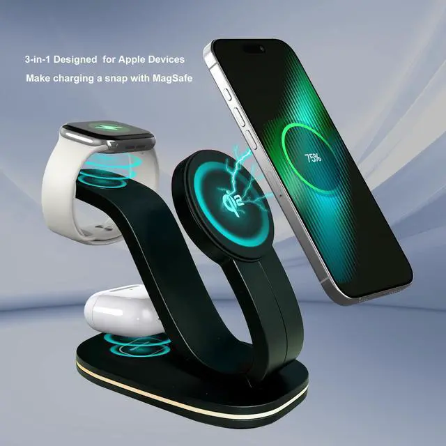 Alt view image 4 of 7 - Wireless Charging Station, Qi2 15W 3-in-1 Charger Station for iPhone 17/16/15/14/13/12 Series, Watch Airpods 1-8/Ultra, iPad, AirPods