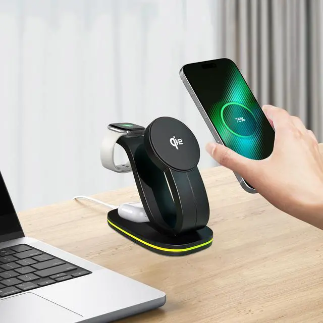 Alt view image 6 of 7 - Wireless Charging Station, Qi2 15W 3-in-1 Charger Station for iPhone 17/16/15/14/13/12 Series, Watch Airpods 1-8/Ultra, iPad, AirPods