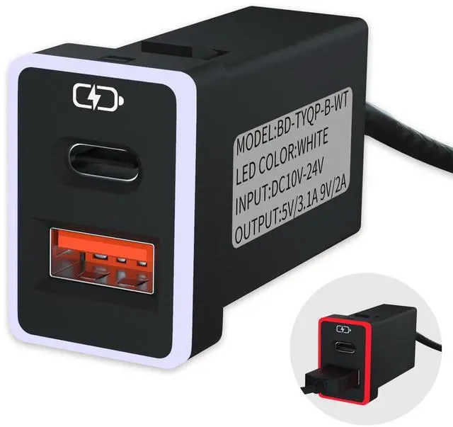 Main image of Car Charger,for Toyota Rav4 Corolla Prius Type-C USB Port Socket,QC3.0 Fast Charge,Charging with Light Turn red.Show,Compatible with Smartphones and Tablets,etc.White/Red-1.3x0.9inch