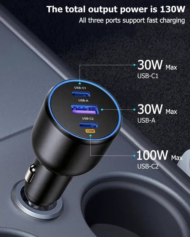 Alt view image 2 of 7 - 130W Car Charger Super Fast Charging Cigarette Lighter USB Phone Accessories Charger Adapter with QC USB c Type c PD Universal Quick Charge Multi 3 Port for 12-24v Car Cigarette Lighter Plug