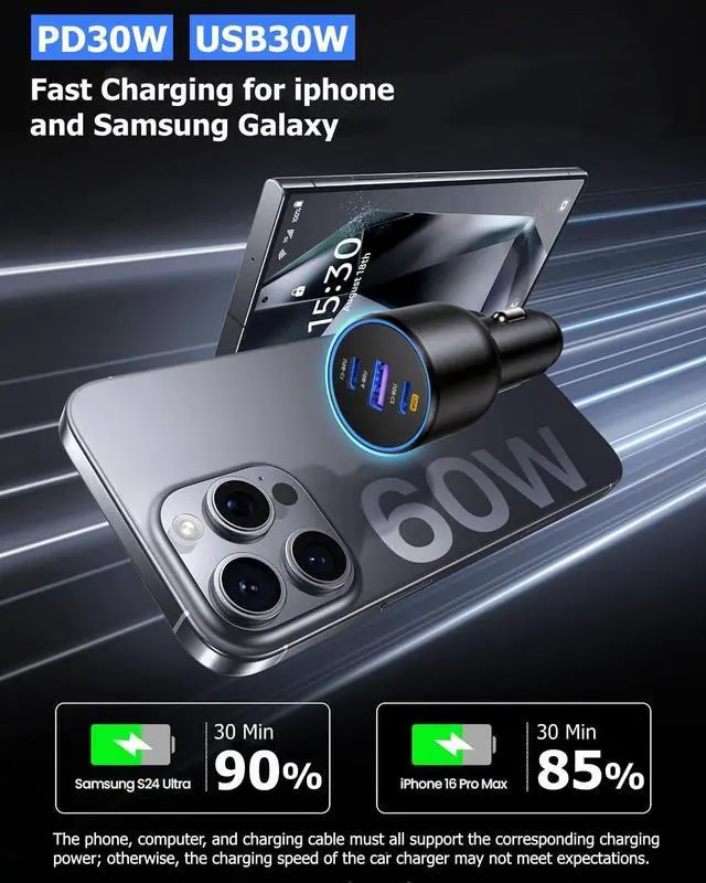 Alt view image 4 of 7 - 130W Car Charger Super Fast Charging Cigarette Lighter USB Phone Accessories Charger Adapter with QC USB c Type c PD Universal Quick Charge Multi 3 Port for 12-24v Car Cigarette Lighter Plug