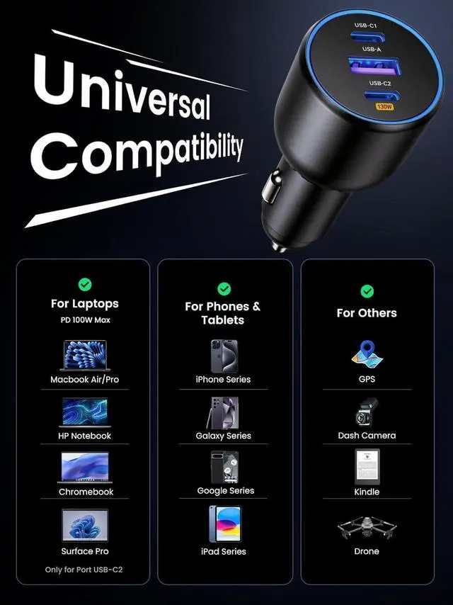 Alt view image 6 of 7 - 130W Car Charger Super Fast Charging Cigarette Lighter USB Phone Accessories Charger Adapter with QC USB c Type c PD Universal Quick Charge Multi 3 Port for 12-24v Car Cigarette Lighter Plug