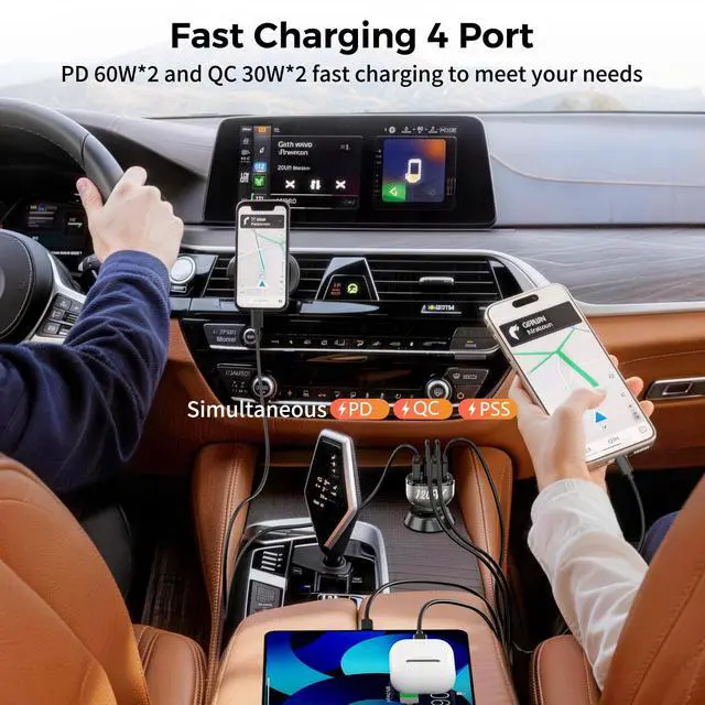 Alt view image 3 of 7 - 4-Port USB C Car Charger, 120W 2*PD60W+QC30W Cigarette Lighter USB Car Charger Adapter, Fast Car Phone Charger for iPhone 17/17 Pro Max/16/15/14 Series, Galaxy S24/23,iPad, Galaxy, Tablet