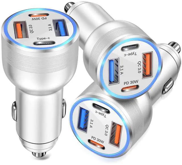 Main image of USB C Car Charger, 3 Pack 65W 4 Ports 12V USB C Cigarette Lighter Adapter QC 3.0&PD 30W Super Fast Type C Car Phone Charger for iPhone 15/14/13/11/iPad Pro,Samsung,Android(Silver)