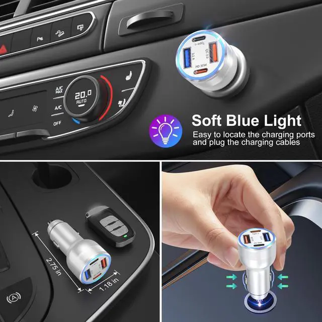 Alt view image 3 of 7 - USB C Car Charger, 3 Pack 65W 4 Ports 12V USB C Cigarette Lighter Adapter QC 3.0&PD 30W Super Fast Type C Car Phone Charger for iPhone 15/14/13/11/iPad Pro,Samsung,Android(Silver)
