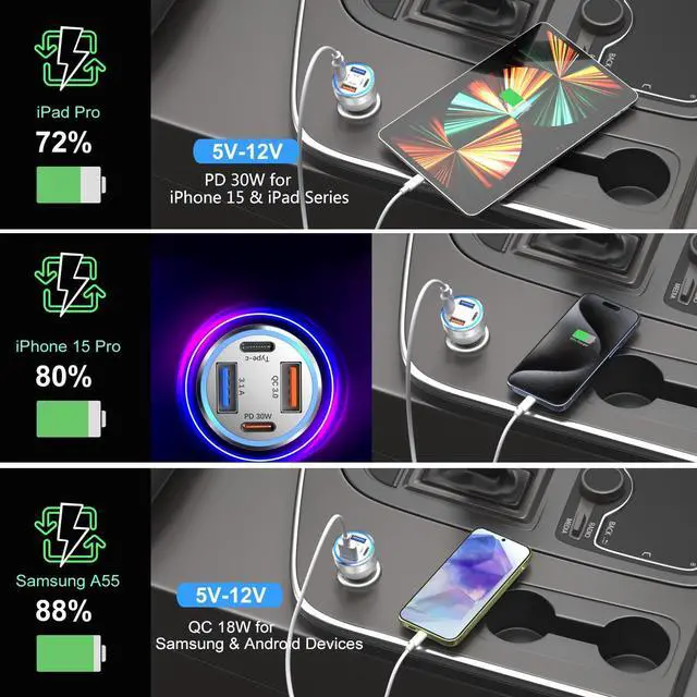 Alt view image 4 of 7 - USB C Car Charger, 3 Pack 65W 4 Ports 12V USB C Cigarette Lighter Adapter QC 3.0&PD 30W Super Fast Type C Car Phone Charger for iPhone 15/14/13/11/iPad Pro,Samsung,Android(Silver)