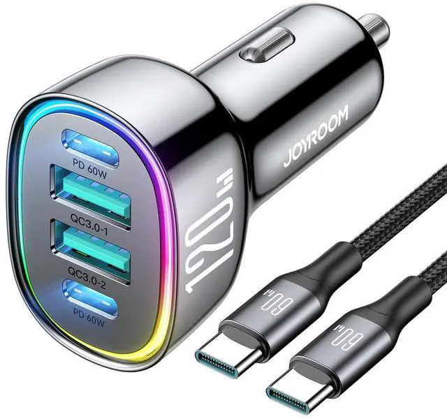 Main image of 120W for iPhone 17 Pro Max Car Charger, Dual PD 60W & QC 3.0 Cigarette Lighter USB Charger with 60W Type C Cable, Car Charger USB C, Car Accessories for iPhone 17/16 Pro/Air, Galaxy S25, iPad, MacBook