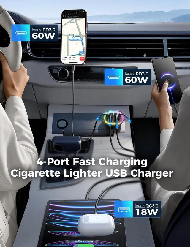 Alt view image 3 of 7 - 120W for iPhone 17 Pro Max Car Charger, Dual PD 60W & QC 3.0 Cigarette Lighter USB Charger with 60W Type C Cable, Car Charger USB C, Car Accessories for iPhone 17/16 Pro/Air, Galaxy S25, iPad, MacBook