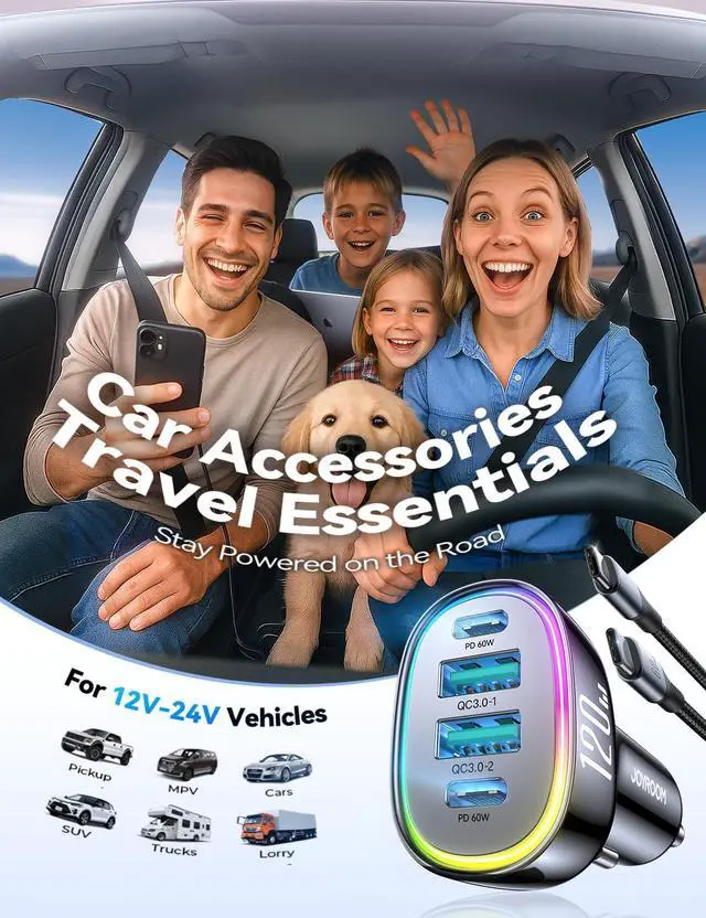 Alt view image 6 of 7 - 120W for iPhone 17 Pro Max Car Charger, Dual PD 60W & QC 3.0 Cigarette Lighter USB Charger with 60W Type C Cable, Car Charger USB C, Car Accessories for iPhone 17/16 Pro/Air, Galaxy S25, iPad, MacBook