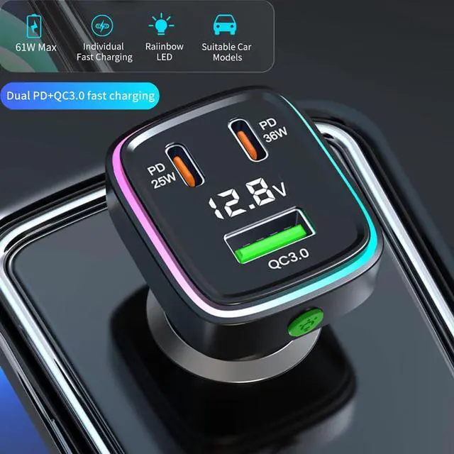 Alt view image 2 of 7 - 60W Fast Car Charger USB C Quick Charging Adapter PD 36W Fast Charging with Led and Voltage Display for iPhone16 15 X Samsung