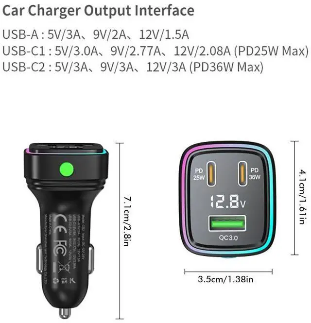 Alt view image 6 of 7 - 60W Fast Car Charger USB C Quick Charging Adapter PD 36W Fast Charging with Led and Voltage Display for iPhone16 15 X Samsung