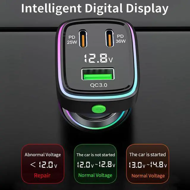 Alt view image 3 of 7 - 60W Fast Car Charger USB C Quick Charging Adapter PD 36W Fast Charging with Led and Voltage Display for iPhone16 15 X Samsung