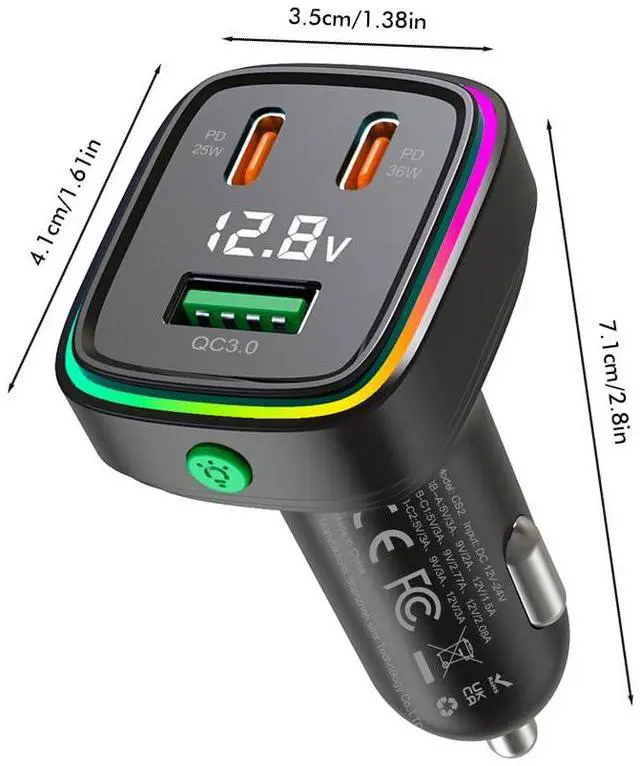 Alt view image 7 of 7 - 60W Fast Car Charger USB C Quick Charging Adapter PD 36W Fast Charging with Led and Voltage Display for iPhone16 15 X Samsung