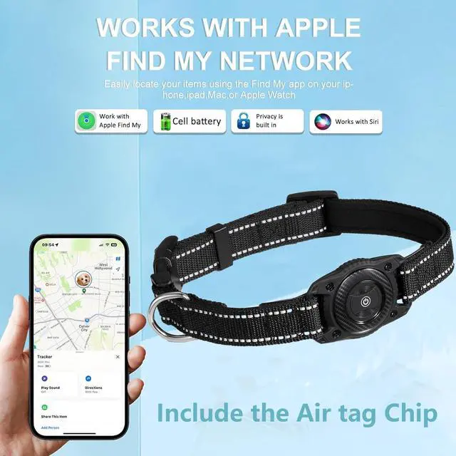 Alt view image 2 of 7 - Waterproof Air tag Dog Collar - Reflective, Built-in Tracker with Bluetooth ConnectivityIncluded Tracker Soft-Padded Adjustable Buckle (Black, M)