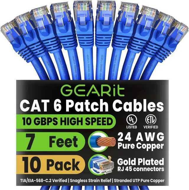 Main image of Cat 6 Ethernet Patch Cable 7 ft Blue (10 Pack) Ñ Cat6 Patch Cables 7ft Blue/Ethernet Patch Cable, 10Gbps 550MHz 24AWG Pure Copper, Snagless, Gold Plated RJ45 for Router, Server, Router, PC