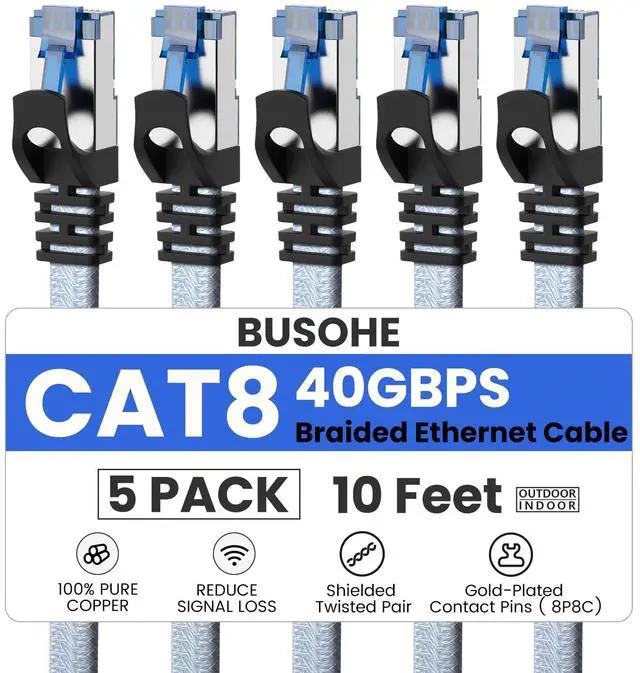 Main image of Cat 8 Ethernet Cable 10 FT 5 Pack, Nylon Braided High Speed Heavy Duty Network LAN Patch Cord, 40Gbps 2000Mhz SFTP Shielded RJ45 Flat Internet Cable for TV/PC/Router, in Wall, Indoor, Outdoor