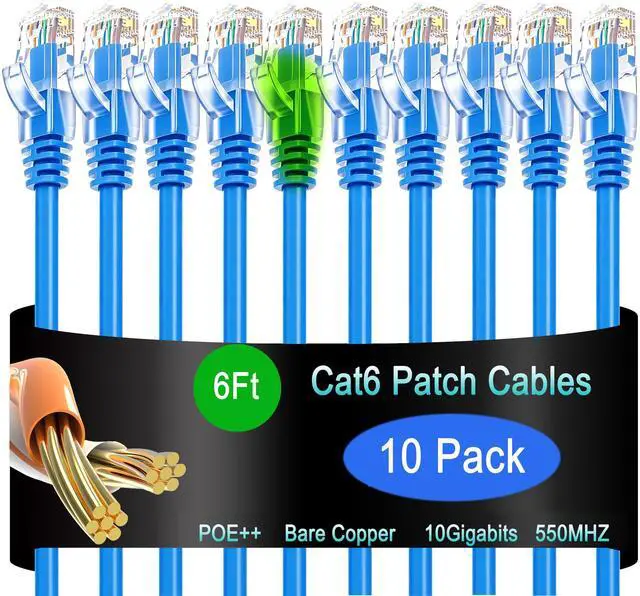 Main image of Cat6 Ethernet Patch Cable 6 ft (10 Pack) for Data Centers, 10G Network, Home and Enterprise - Blue