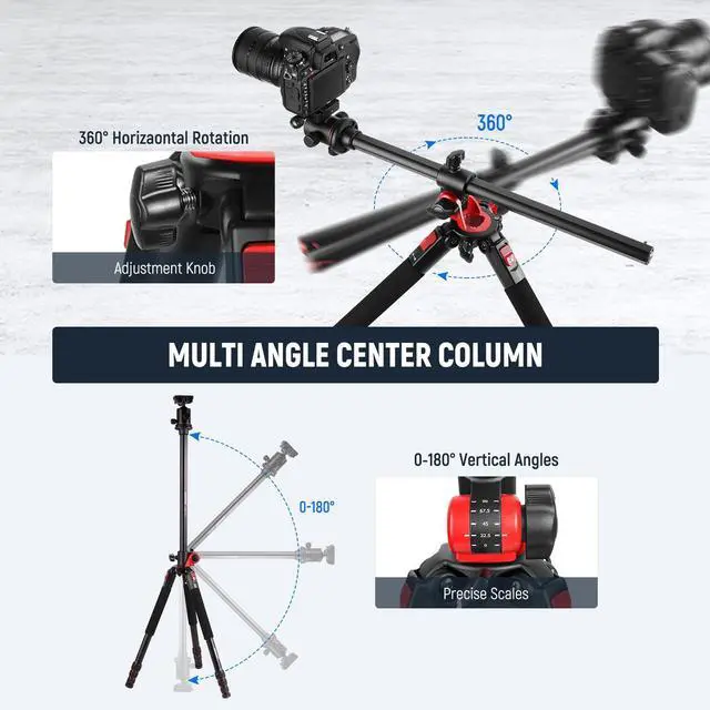 Alt view image 2 of 7 - 72 inch Camera Tripod Monopod with Center Column and Ball Head Aluminum, Arca Type QR Plate, Bag, Horizontal Tripod Overhead Camera Mount for DSLR Camera, Video Camcorder, Max Load: 33lb
