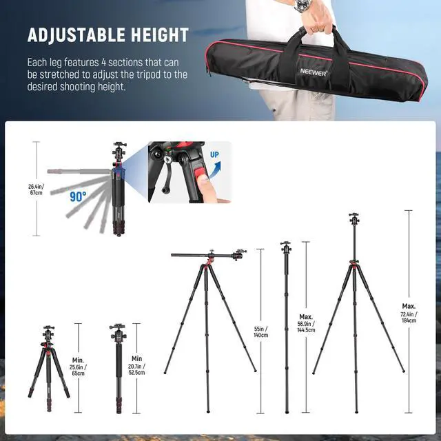 Alt view image 5 of 7 - 72 inch Camera Tripod Monopod with Center Column and Ball Head Aluminum, Arca Type QR Plate, Bag, Horizontal Tripod Overhead Camera Mount for DSLR Camera, Video Camcorder, Max Load: 33lb