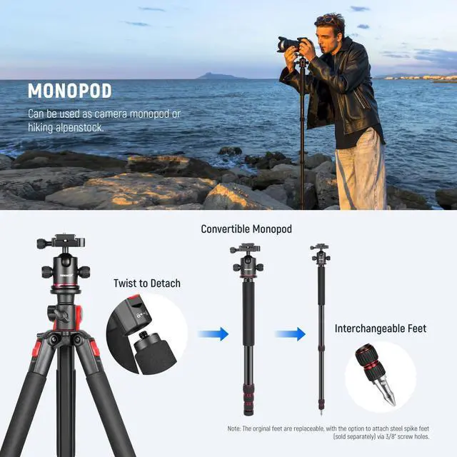 Alt view image 6 of 7 - 72 inch Camera Tripod Monopod with Center Column and Ball Head Aluminum, Arca Type QR Plate, Bag, Horizontal Tripod Overhead Camera Mount for DSLR Camera, Video Camcorder, Max Load: 33lb