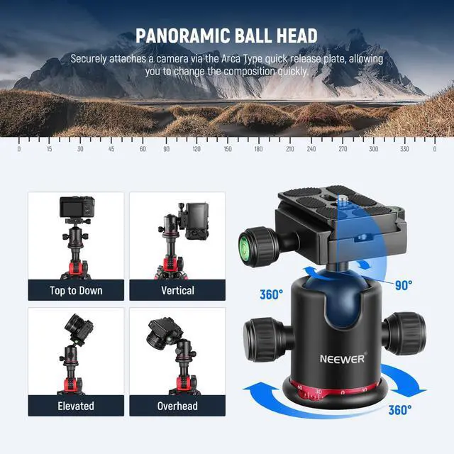 Alt view image 7 of 7 - 72 inch Camera Tripod Monopod with Center Column and Ball Head Aluminum, Arca Type QR Plate, Bag, Horizontal Tripod Overhead Camera Mount for DSLR Camera, Video Camcorder, Max Load: 33lb