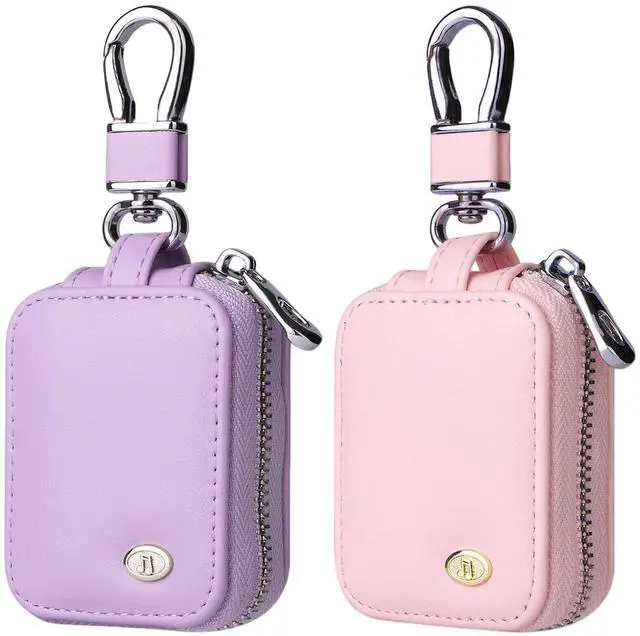 Main image of 2 PCS Earbud Case with Keychain Portable PU Leather Headphone Storage Bag Shell Earphone Organizer for Wired Wireless Earphone Earbud Earpieces SD Memory Card Camera Chips (Purple + Pink)