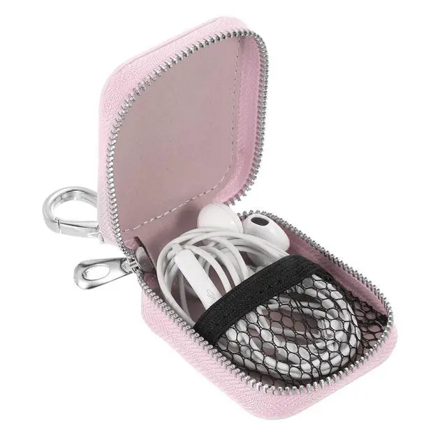 Alt view image 3 of 6 - Earbuds Cases, Earphone Case Holder, PU Leather Ear Buds Case Zipper Organizer Small with Mesh Pocket for USB Cable, Wireless Wired Earphones, Pink