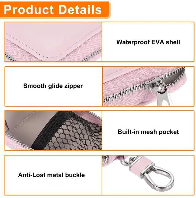 Alt view image 5 of 6 - Earbuds Cases, Earphone Case Holder, PU Leather Ear Buds Case Zipper Organizer Small with Mesh Pocket for USB Cable, Wireless Wired Earphones, Pink