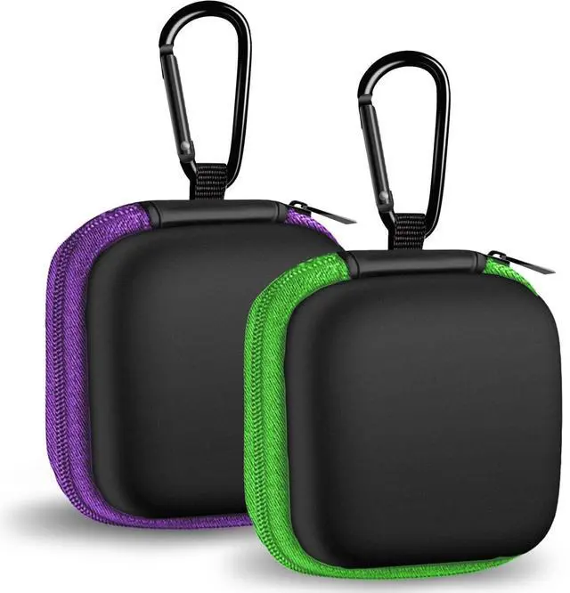 Main image of 2Pack Square Earbud Case Portable EVA Carrying Case Storage Bag Cell Phone Accessories Organizer with Carabiner for Earphone, Earbud, Earpieces, SD Memory Card, Camera Chips-Purple/Green